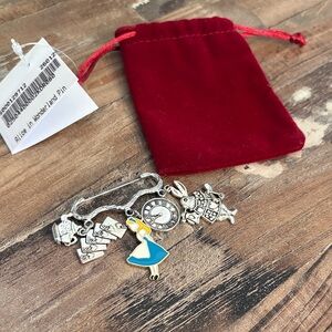 NWT Alice in Wonderland Red Velvet Charm Pouch with Silver Storybook Pin